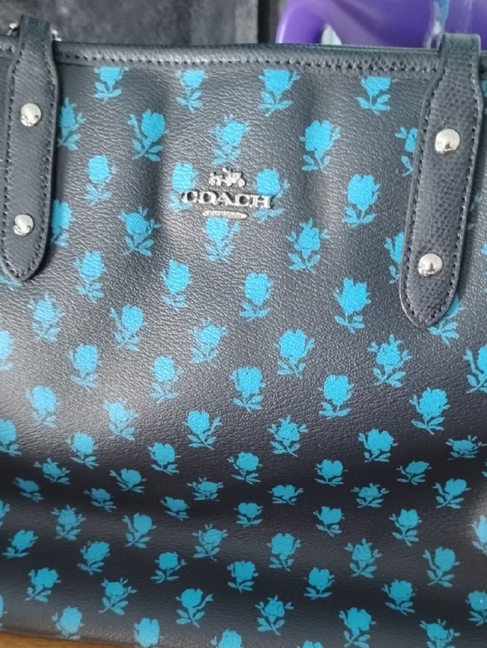 COACH Navy Tote with Teal Floral Print